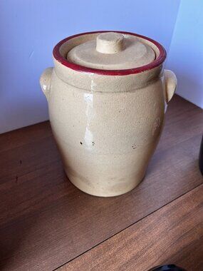 Vintage 1940s Western Stoneware Hand Painted Tulip Cookie Jar Red Trim Crock 9"